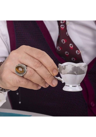 925 Ayar Gümüş Kaplan Gözü Taşlı Erkek Yüzük (547519355)