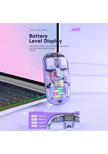 Mufunye Şeffaf Kablosuz Çift Modlu Rgb Aydınlatmalı Fare - 1600dpı, 400mah Pil, Sessiz Tuşlar H118