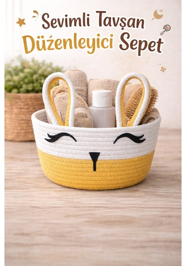 Jasper Bunnybox Jüt İp Sarı Sevimli Tavşan Düzenleyici Sepet Organizer Sarı