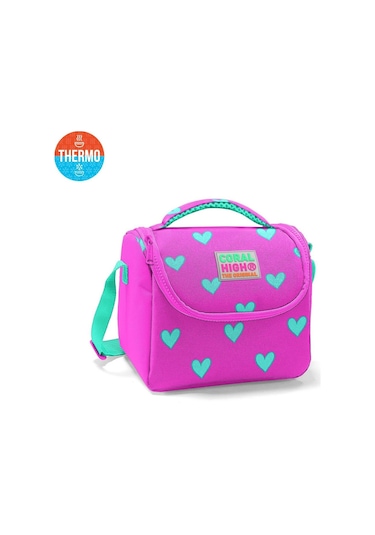 Coral High Kids Neon Pembe Su Yeşili Kalp Desenli Thermo Beslenme Çantası 11806