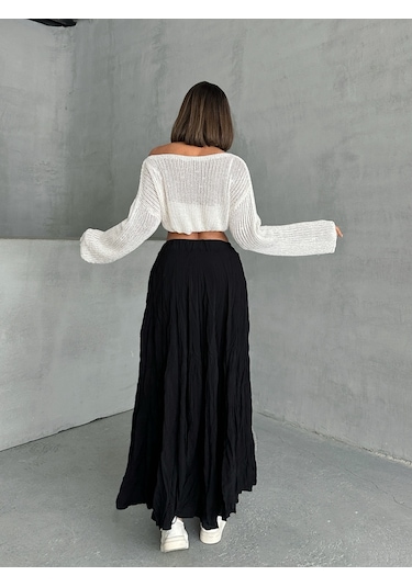 Kadın Buruşuk Modal Dokulu Soft Uzun Etek Siyah