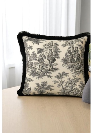 Siyah Püsküllü Fransız Köylüler Baskılı Keten Kırlent Kılıfı Çok Renkli