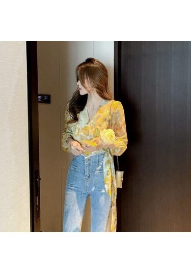 Sarı Çiçek Şifon Bluz Kadın Bahar Elbise Fransız Dantel Up Kısa Fırfır Yumuşak Rüzgar Süper Peri Üst M Sarı