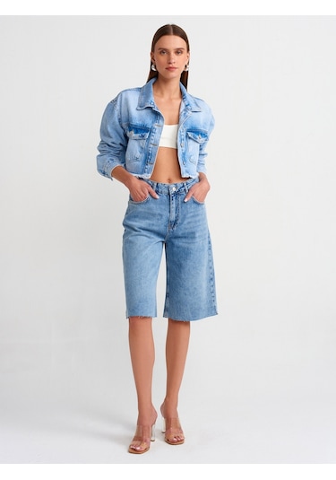 Dilvin Crop Denim Ceket Mavi