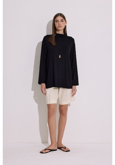Dökümlü Uzun Kol Bluz Siyah Siyah