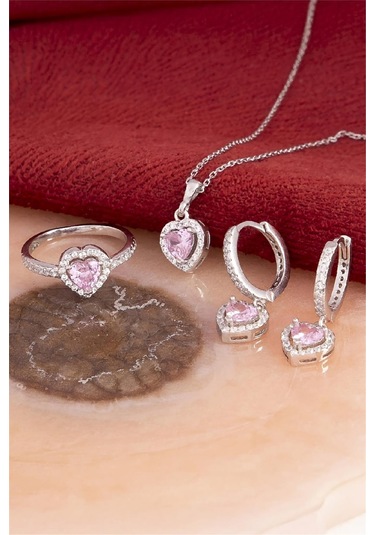 925 Ayar Gümüş Rodyumlu Pembe Taşlı Kalp Bayan Takı Seti -8227 Gümüş