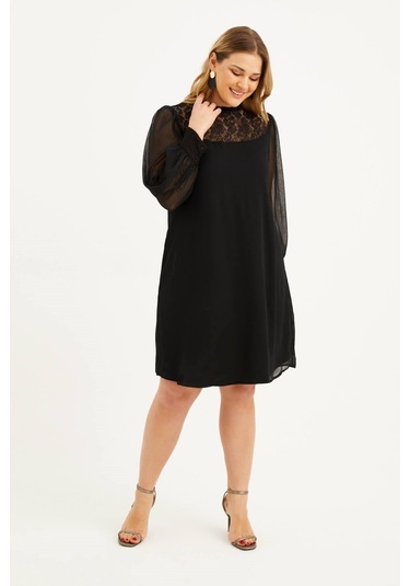 Astarlı Şifon Dantel Detay Elbise-1525 Siyah