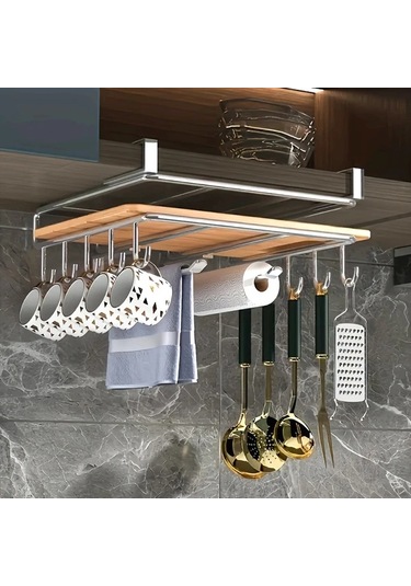 Honeybeeshop Siyah Mutfak Depolama Rafı Bardak Askılı Kesme Tahtası Kağıt Havlu Tutucu Ev Aşçıları İçin Siyah