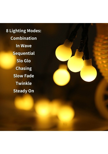 Jeemson Güneş Enerjili Top Şerit Lambası 8 Mod 8m 60 Led Islak Beyaz Ip44 Su Geçirmez Sıcak Beyaz