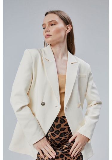 Ekru Regular Fit Yırtmaç Detaylı Blazer Ceket Ekru