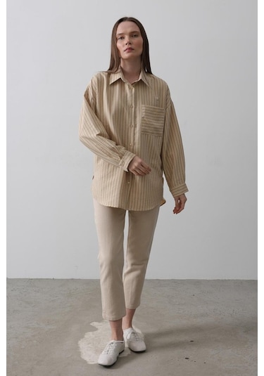 Çizgili Tek Cep Gömlek - Taş Karışık