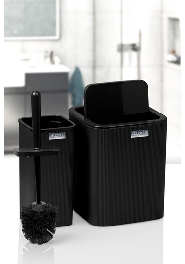 Okyanus Home Mina Siyah Çizgili Kare 2'li Wc Kova Ve Fırça Seti Siyah
