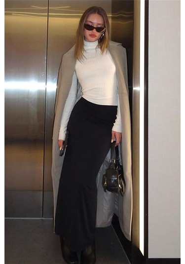 Kahverengi Maxi Basic Etek Siyah