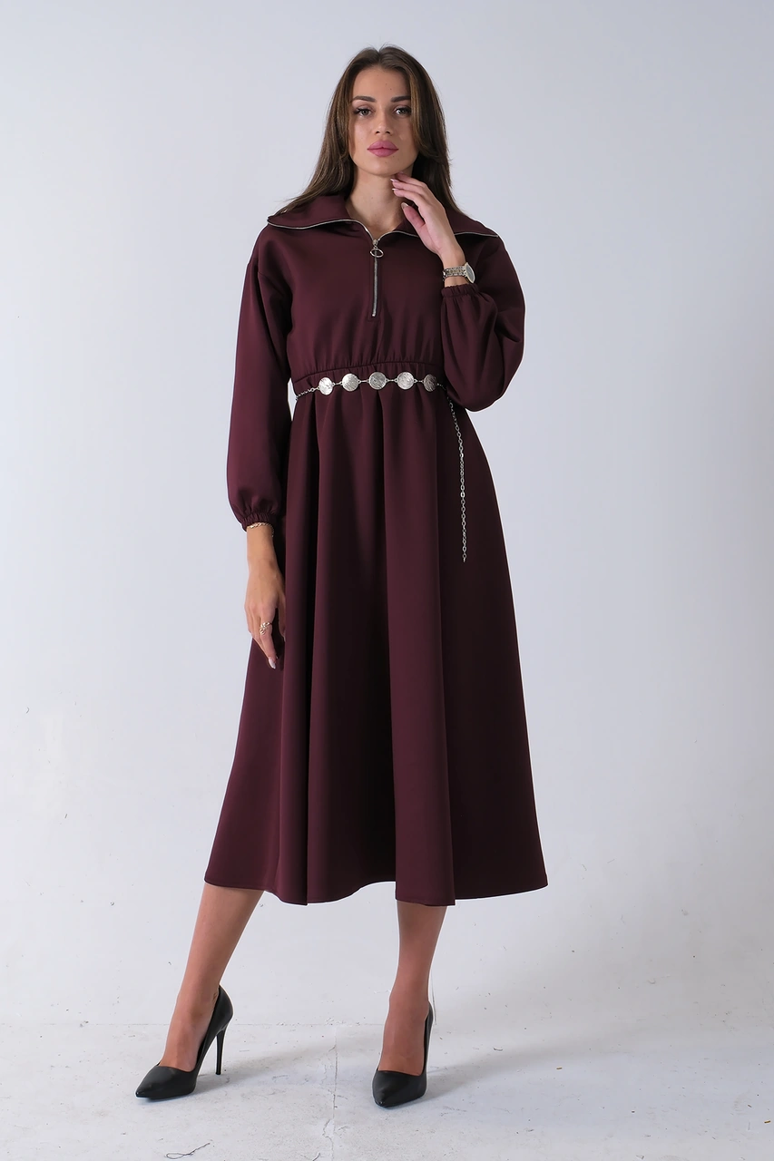 Feminist Bordo Yaka Fermuar Detaylı Bel Ve Bileği Lastikli Kemerli Scuba Elbise 4593455.04 Bordo