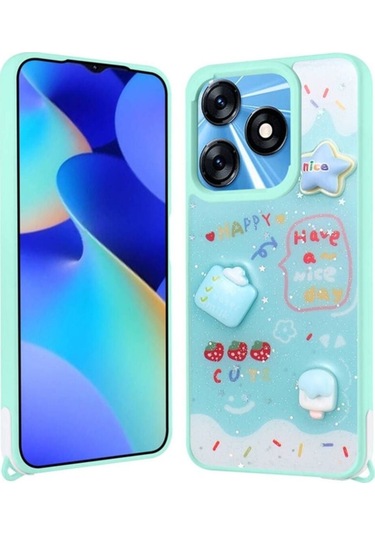 Tecno Spark 10 4g Kılıf Parlayan Simli Kabartma Figürlü Zore Cevze Kapak Yeşil