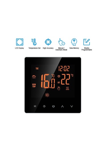 Geeroyoo Ev Okul Ofis Otel İçin 16a Dokunmatik Ekranlı 7 Gün Programlanabilir Elektrikli Isıtıcı Termostati - Turuncu Arka Işık Beyaz Tuş