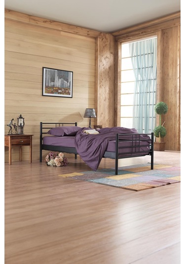 Manyas Tek Kişilik Ferforje Metal Karyola-siyah Ahşap Latalı