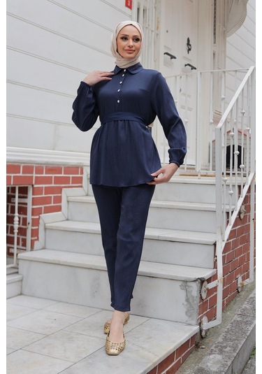 Taş Düğme Detaylı Takım Lacivert Lacivert