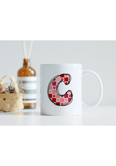 C Harfi Pembe Kareli Kalpli Göz Emojili Kupa Bardak Eğlenceli Kareli Tasarım Kahve Çay Kupası 07 Beyaz