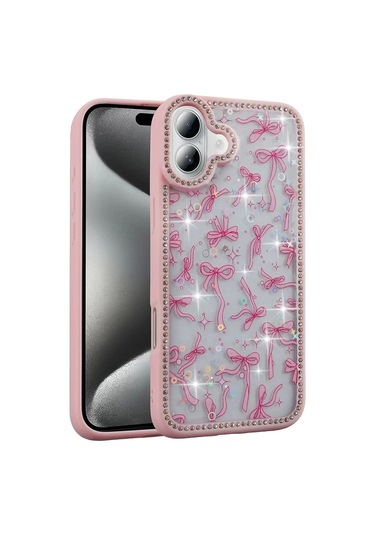 İphone Uyumlu 16 Kılıf Taşlı Simli Kenarları Silikon Parıltılı Azra Kapak Telefon Kılıfı Kamera Korum