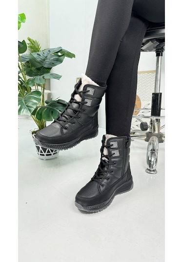 Günlük Kadın Kar Botu Kürklü Bağcıklı Fermuarlı Rahat Yüksek Kalın Tırtıklı Taban Bootie 815 Siyah-füme