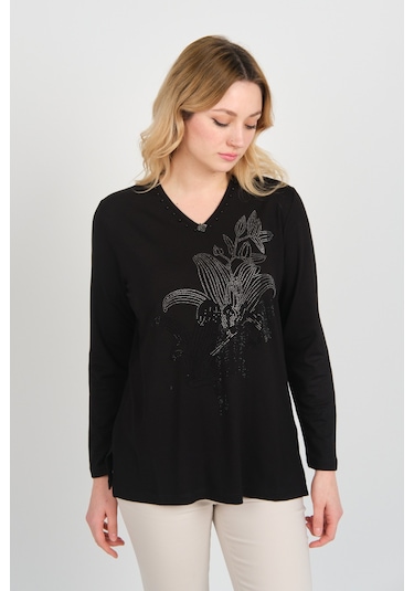 Detay Triko Kadın Önü Taş Süslemeli Yakası Boncuk Detaylı Uzun Kol Anne Bluz 5747 Siyah Siyah