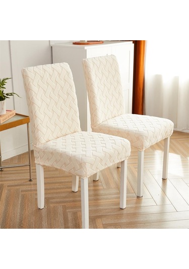 Bej 1 Parça Sandalye  Yemek Odası İçin Streç Jakarlı Yemek Sandalyesi  Slipcover Elastik  Mutfak Sandalye