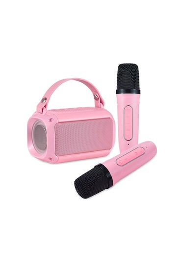 Pembe Kablosuz Bluetooth Hoparlör Mikrofon Seti, Ev Ktv İçin Çift Mikrofon, 7 Renkli Işıklı, Bt 5.0, 20m Mesafe, 5w Güç - Pembe
