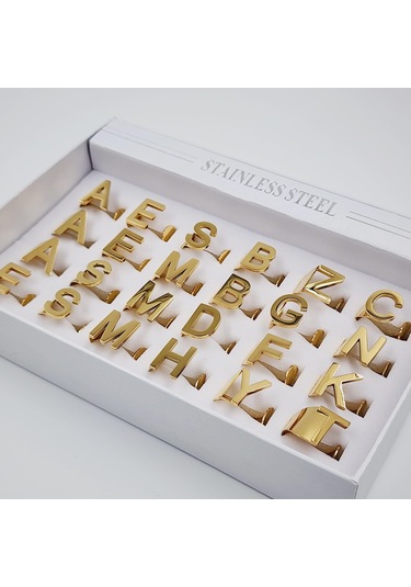 Çelik Gold Düz Kesim Harf Yüzük -c Harfi- Ayarlı Ölçü-1890 Altın