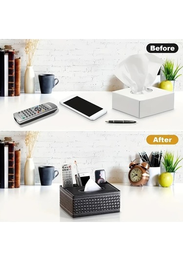 Tongdashop Beyaz Altın Kumanda Ve Akıllı Telefon Organizörlü Şık Siyah Suni Deri Mendil Kutusu Beyaz Altın