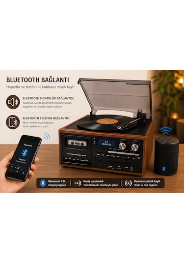 Dosound Tr-17s Ahşap Çok Fonksiyonlu Pikap Kaset Cd Usb Bluetooth Müzik Sistemi 1 Adet