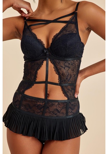 Roma Siyah 4'lü Dantelli Sütyen, Babydoll, Külot Çeyiz Seti Siyah