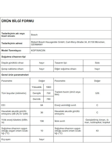Bosch KGP76AIC0N 526 LT No-Frost Kombi Tipi Buzdolabı
