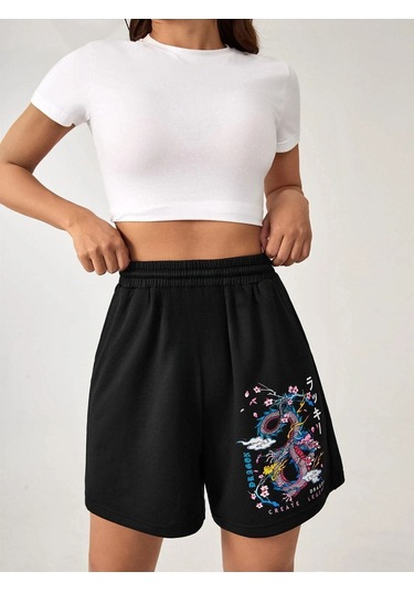 Siyah Kısa Renkli Dragon Şort - Penye Baskılı Kordonlu Siyah