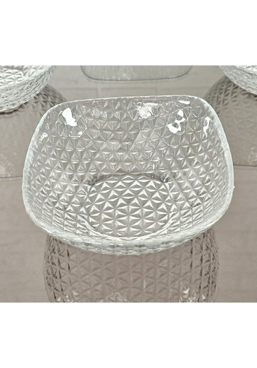 6 Kişilik Kare Kesme Dekorlu Çerezlik Sade Cam Kase 12 Cm Naturel