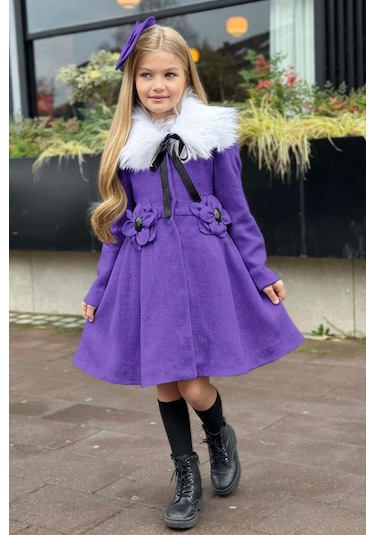 Riccotarz Kız Çocuk Kürk Yakalı Önü Çiçek Ve Elmas Taş Detaylı Mor Kaşe Mor