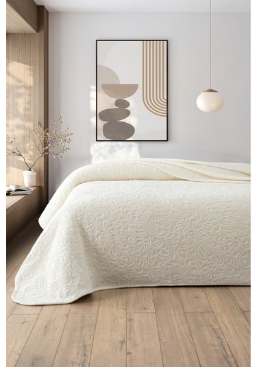 Jakarlı Kadife Dokulu Çift Kişilik Kalın Battaniye Yumuşak, Sıcak Ve Şık Yatak Örtüsü - Krem Krem Krem