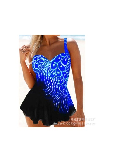 Geeroyoo 2021 Yazlık Büyük Beden Bikini Seti, Mavi Çizgili Malinli Desenli Etekli Mayo, Kaynak Üretici Diğer