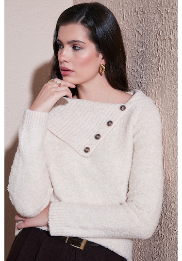 Lela Premium Regular Fit Kayık Yaka Düğme Detaylı Bayan Kazak 680Kz002563 Taş