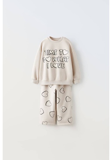 Kız Çocuk Slogan Yazı Detaylı Sweatshirt + Tayt Alt Üst Takım Taş
