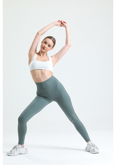 Haki Yüksek Bel Fitilli Toparlayıcı İnterlok Örme Şardonlu Spor Kışlık Tayt Haki