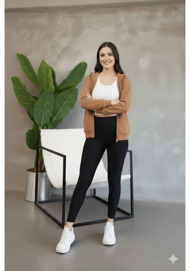 Kadın Genç Unisex Cepli Kapüşonlu Fermuarlı Sweatshirt Hırka Açık Kahve