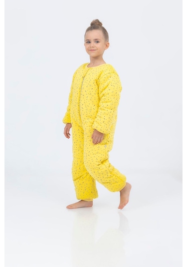 Kız Erkek Çocuk Kalın Elyaf Dolgulu Premium Kalite 2.5 Tog Desenli Uyku Tulumu Açık Sarı