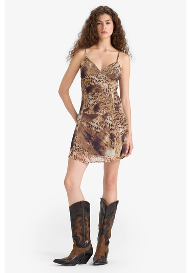 Defacto V Yaka Leopar Desenli Şifon Askılı Mini Elbise F7946ax25smbn341 Kahve