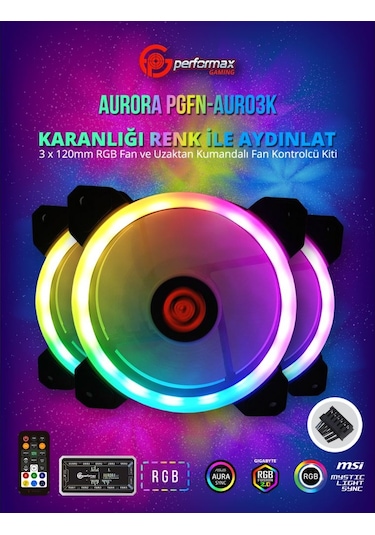 Performax Aurora Rgb 120Mm Üçlü Fan Kiti Kumandalı Pgfn Aur03K