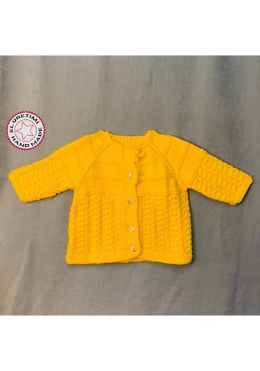 Uretti - Kadir 7704 - El Örgüsü Bebe Yün Robalı Yaka Kız Bebek Hırka - 10 / 12 Ay Sarı