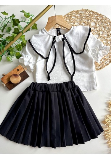 Yazlık Kısa Kollu Bluz Pileli Etek Kız Çocuk Takım Siyah