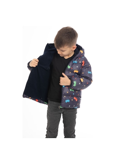 Erkek Çocuk Içi Polarlı Kapüşonlu Araba Yıldız Ay Desenli Kışlık Şişme Mont Lacivert