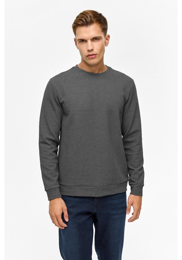 Süvari Bol Kesim O Yaka Melanj Desenli Waffle Sweatshirt Antrasit S08