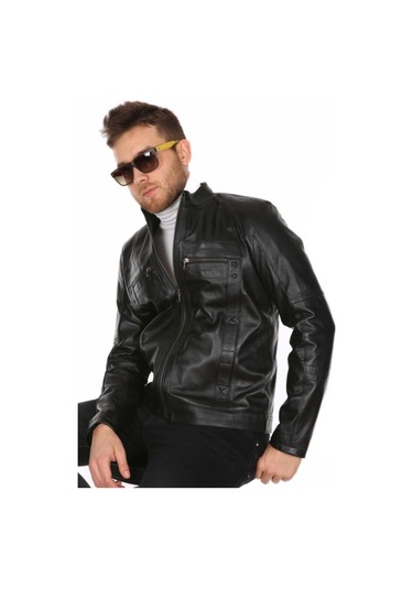 Hakiki Kuzu Derisi Erkek Casual Siyah Deri Mont Siyah